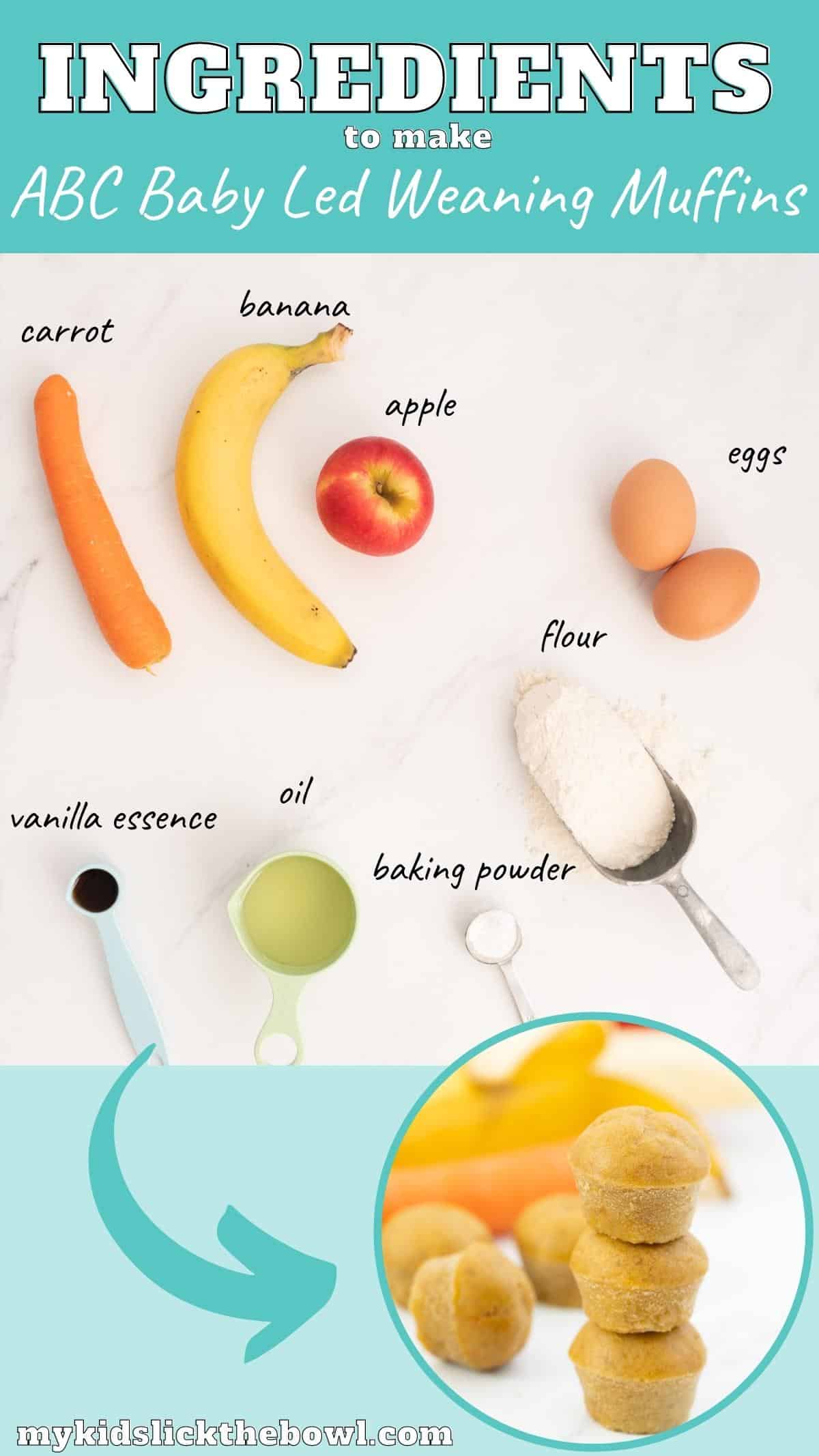 The ingredients to make apple banana and carrot baby led weaning muffins laid out on a bench top with text overlay.