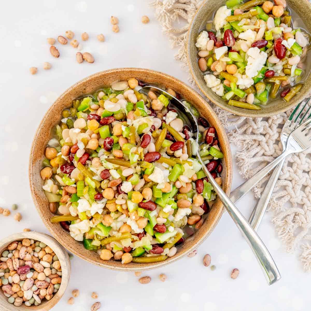 A large bowl of mixed bean salad on a white table top next to a small dish of dried beans.