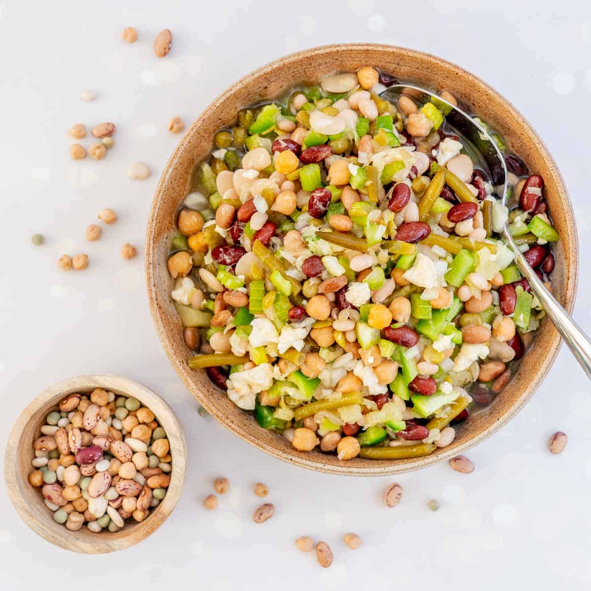 A large bowl of mixed bean salad on a white table top next to a small dish of dried beans.