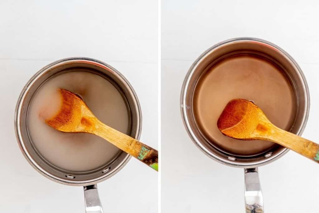 Two photo collage showing the making of pickling liquid.