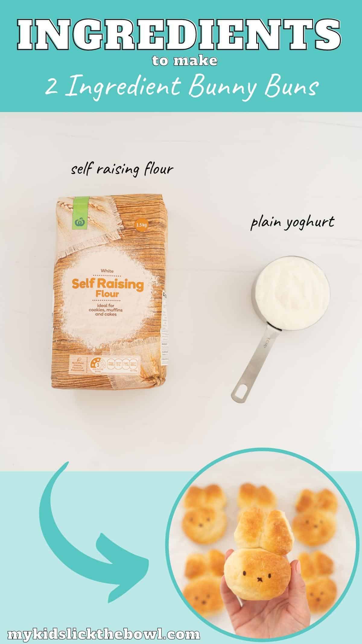 The ingredients to make bunny buns laid out on a bench top with text overlay.