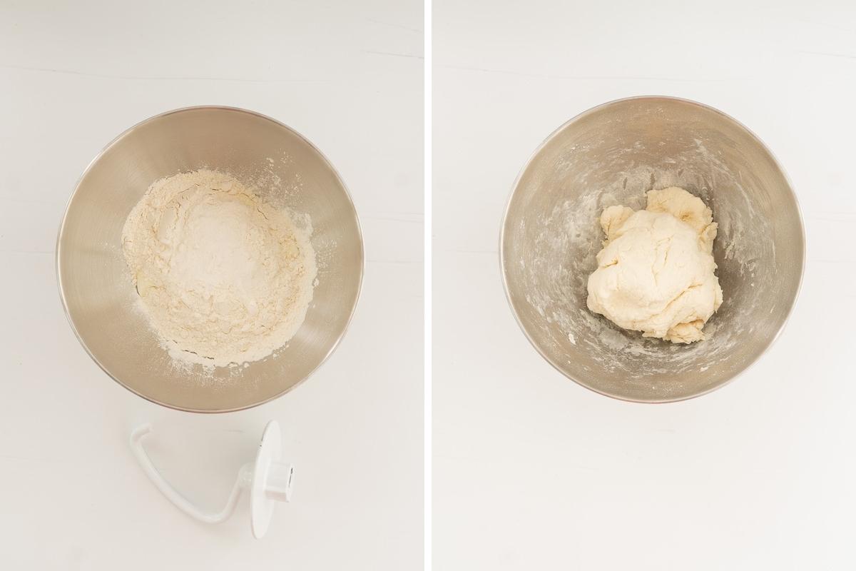 Two photo collage shwoing yoghurt dough coming together in a kitchen mixer.
