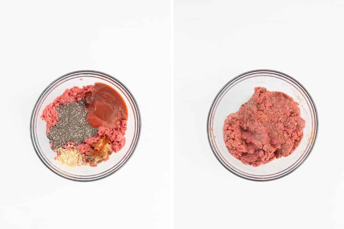 Two photo collage showing the making of hamburger mix.