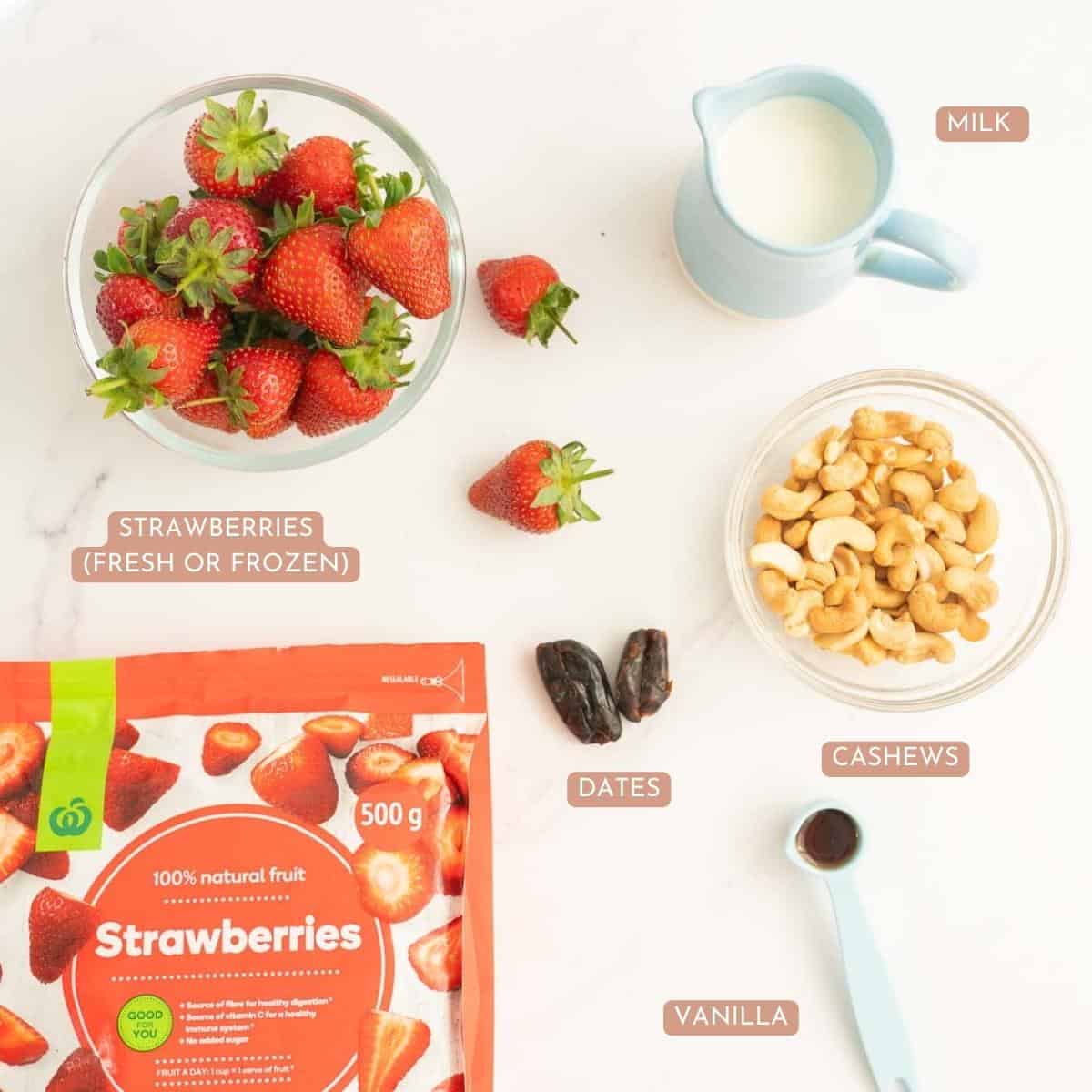 ngredients to make a healthy milk shake laid out on a bench top with text overlay.