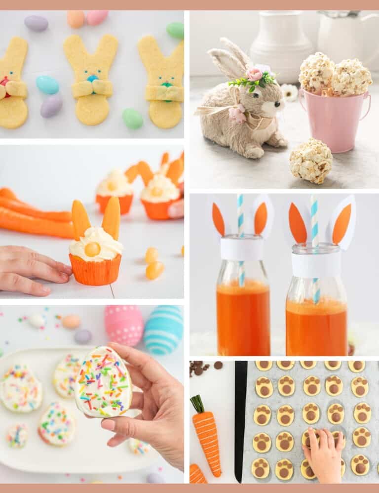 8 Photo collage of cute easter themed treats for Kids.
