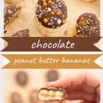 Two photo collage showing a peanut butter banana bite being held up and bitten into with text overlay.