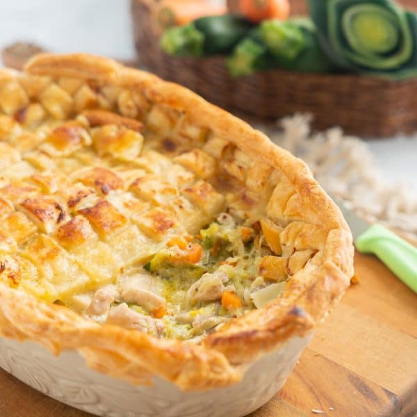 Chicken and leek pie in baking dish.