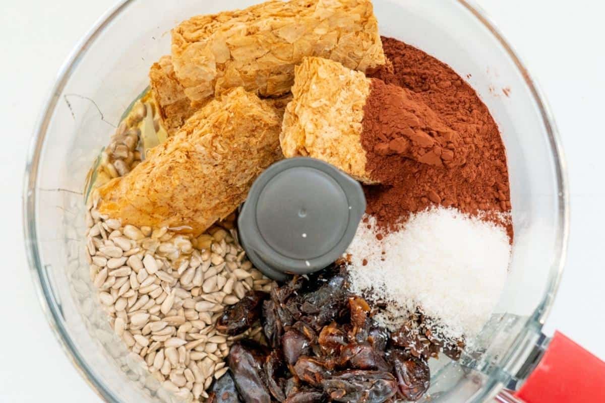 Weetbix, cocoa, sunflower seeds, coconut and raisins in a food processor.