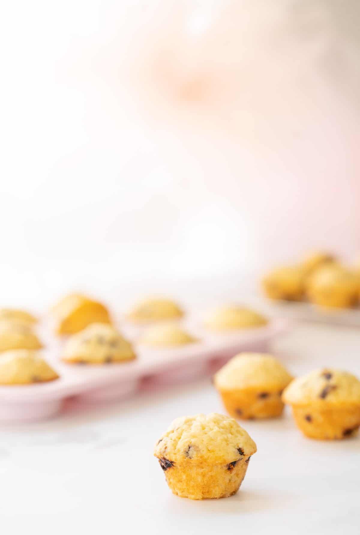 Chocolate chip mini muffins on a bench top with pastel coloured tulle pom poms in the background.