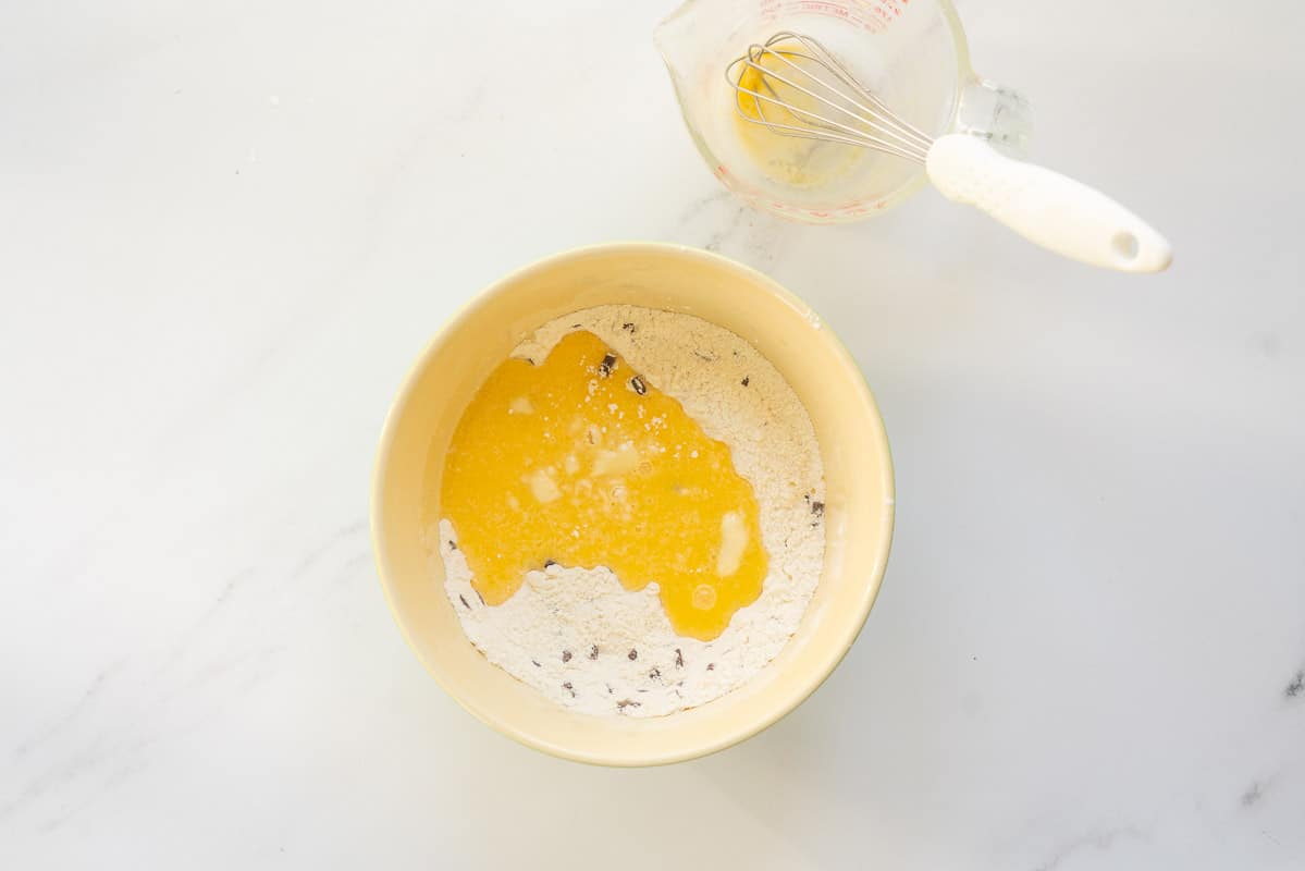 Wet ingredients added to dry ingredients.