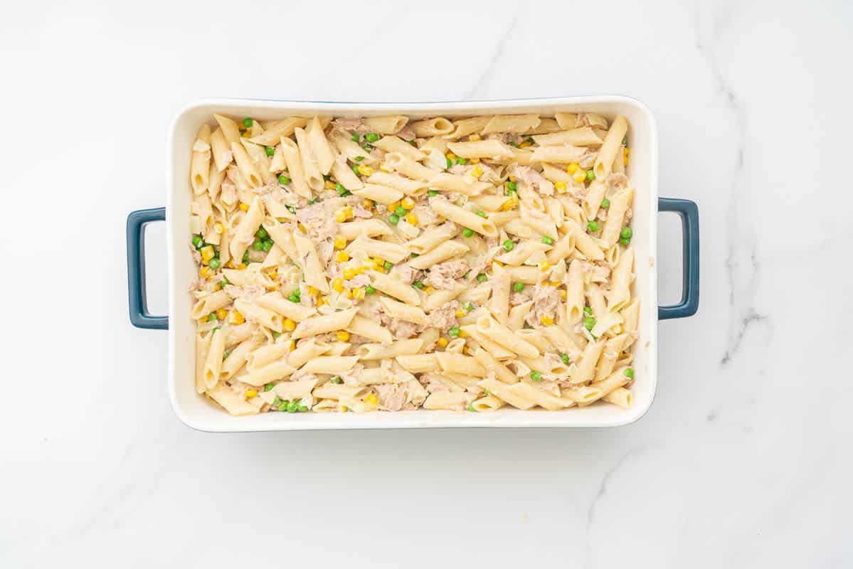 Creamy tuna pasta in a large rectangular ceramic baking dish.