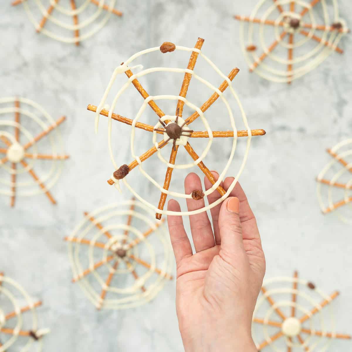 A spider web made from pretzel sticks and white chocolate, and decorated with a milk chocolate spider in the centre being held up.