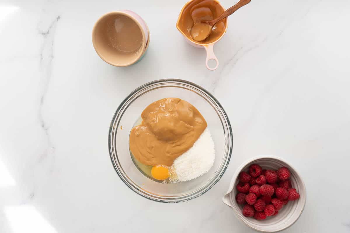 peanut butter, egg, sugar and desiccated coconut in a bowl reafdy to be combined.