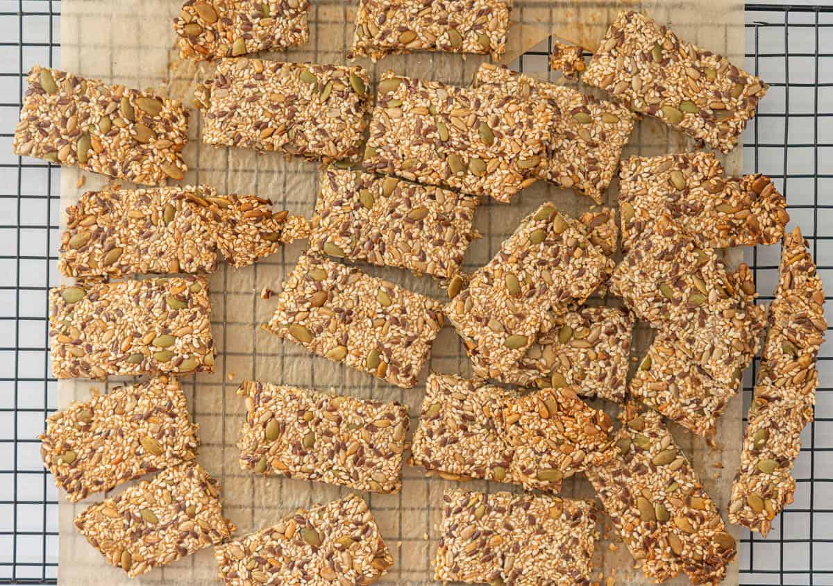 Seed crackers on a cooling rack.