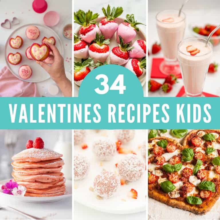 A six image collage of valentines recipes for kids with text overlay.