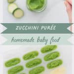 A two image collage of zucchini puree with text overlay for pinterest.