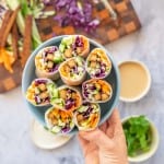 A plate full of rice paper rolls with there colourful vegetable fillings visible being held up to the camera.