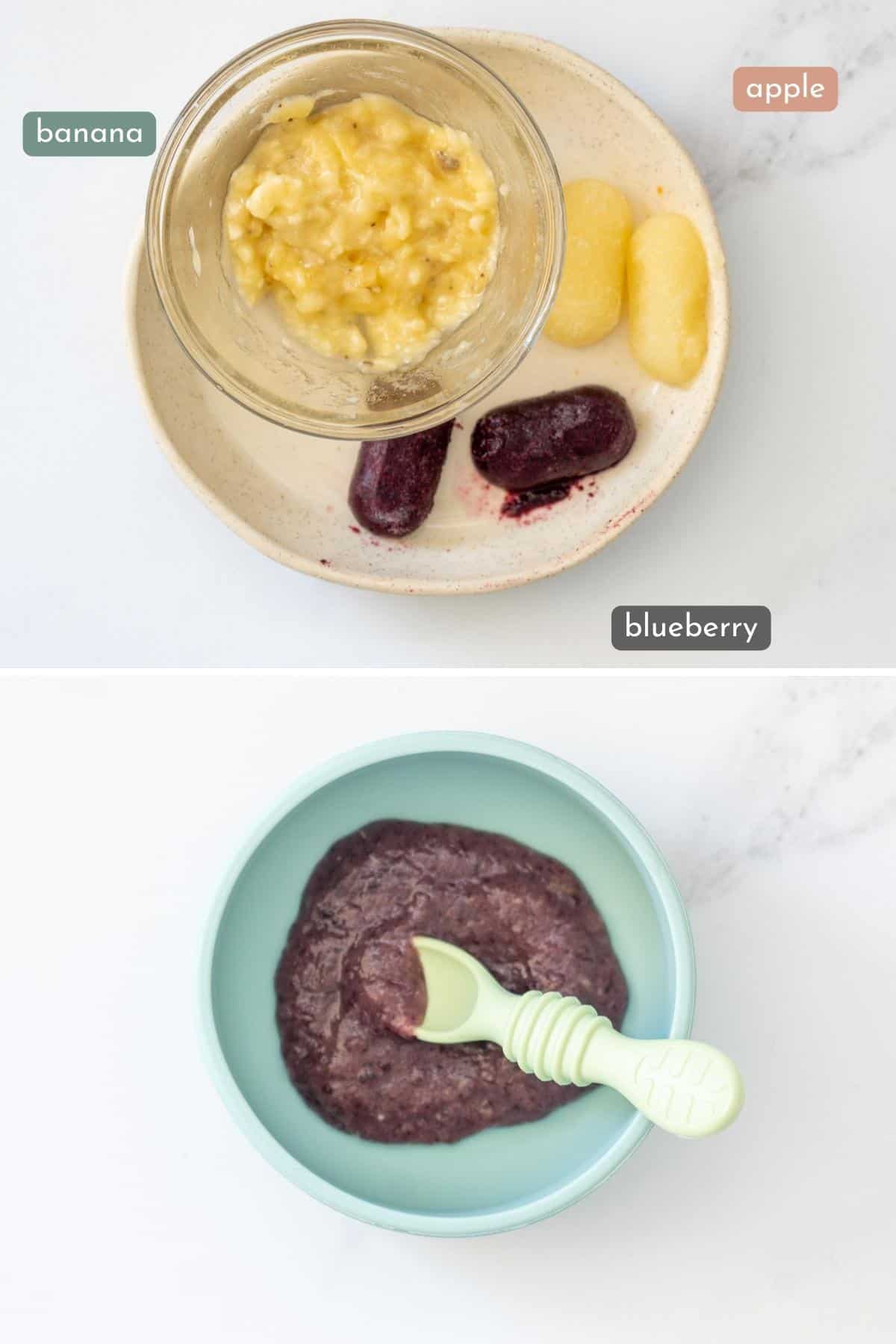 Two photo collage showing frozen baby purees (banana, blueberry and apple) then combined and heated in a baby bowl.