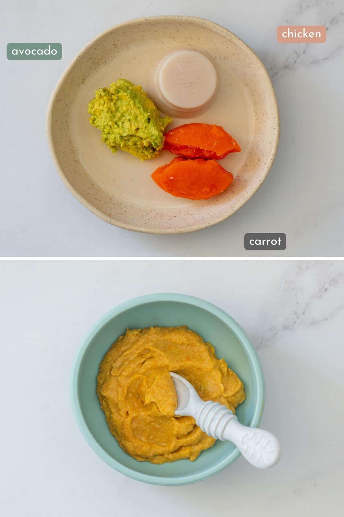 Two photo collage showing frozen baby purees (avocado, carrot and chicken) then combined and heated in a baby bowl.