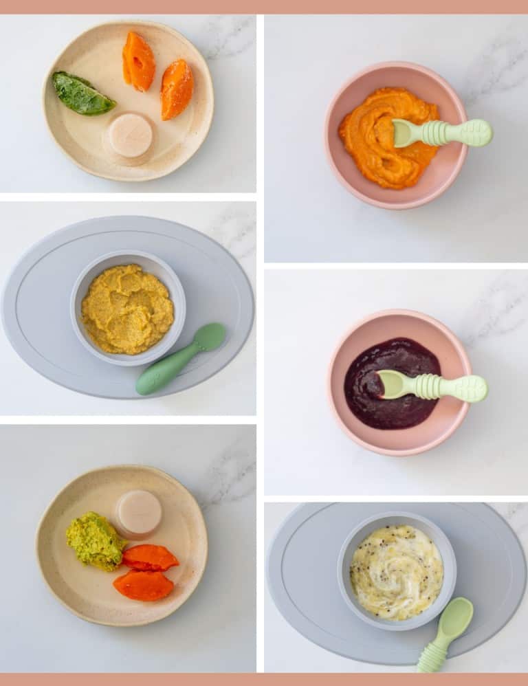 A six photo collage of baby food combinations.