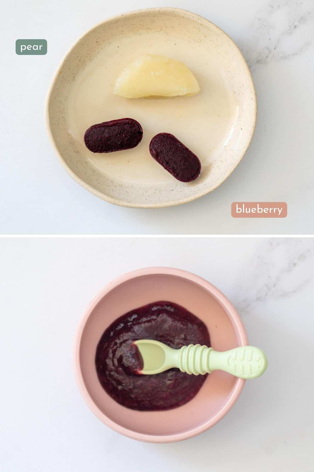 Two photo collage showing frozen baby purees (pear and blueberry) then combined and heated in a baby bowl.