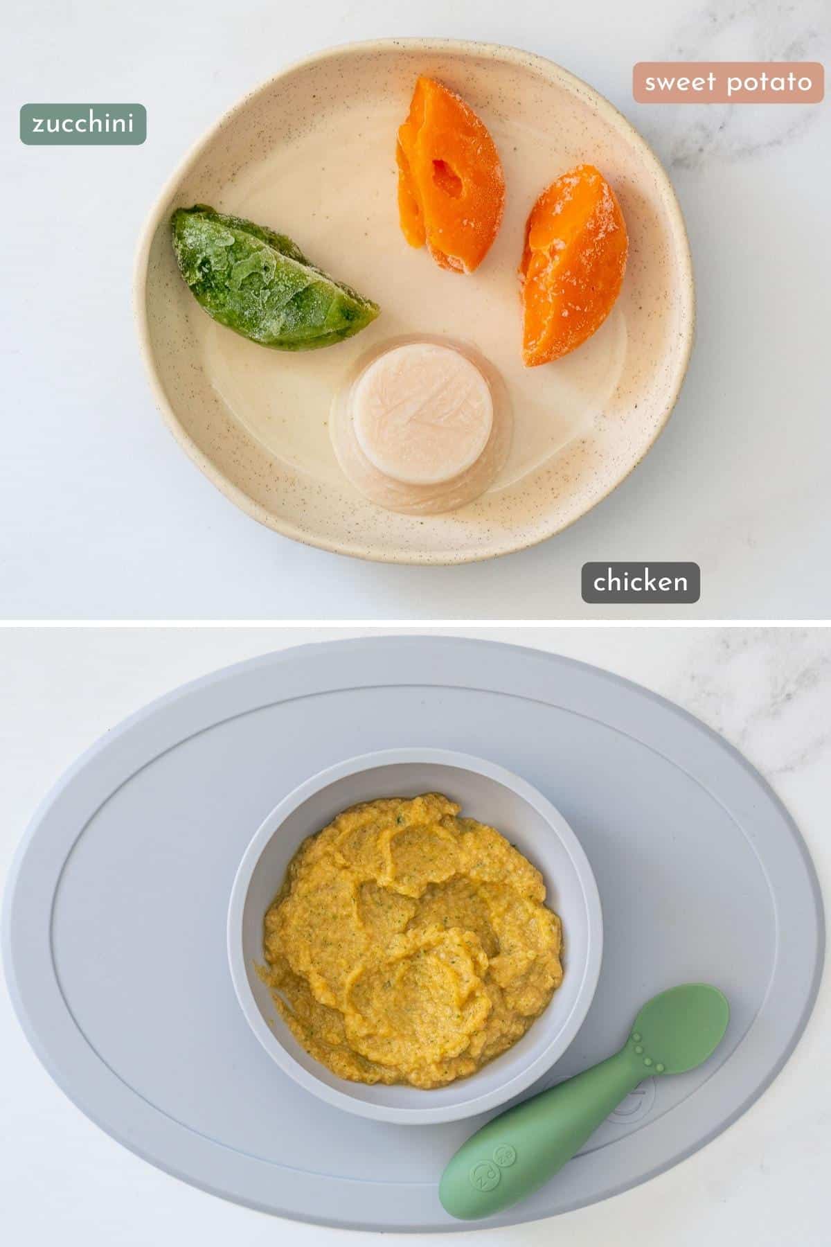Two photo collage showing frozen baby purees (zucchini, sweet potat oand chicken) then combined and heated in a baby bowl.