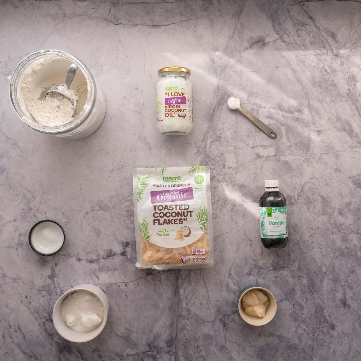 All the ingredients to make the Gluten Free Coconut Cookies on the bench top