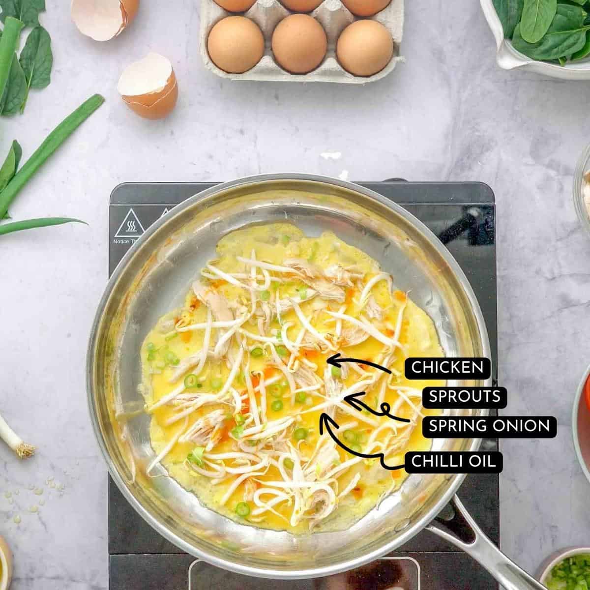 Rice paper omelette in pan with text overlay and arrows pointing too ingredients inside, Chicken, spouts, spring onion, chilli oil.