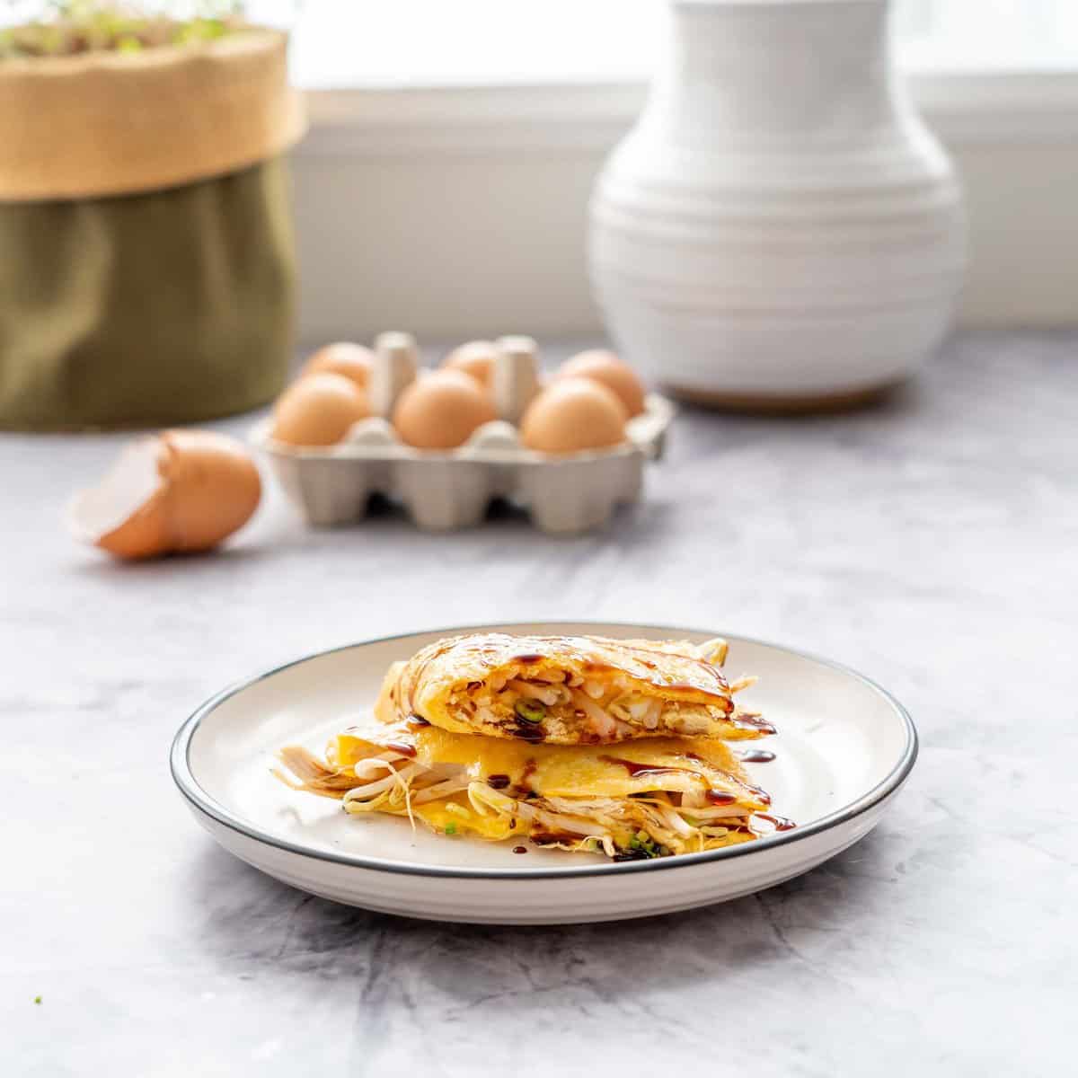 Rice paper omelette on plate with carton of eggs in the background.