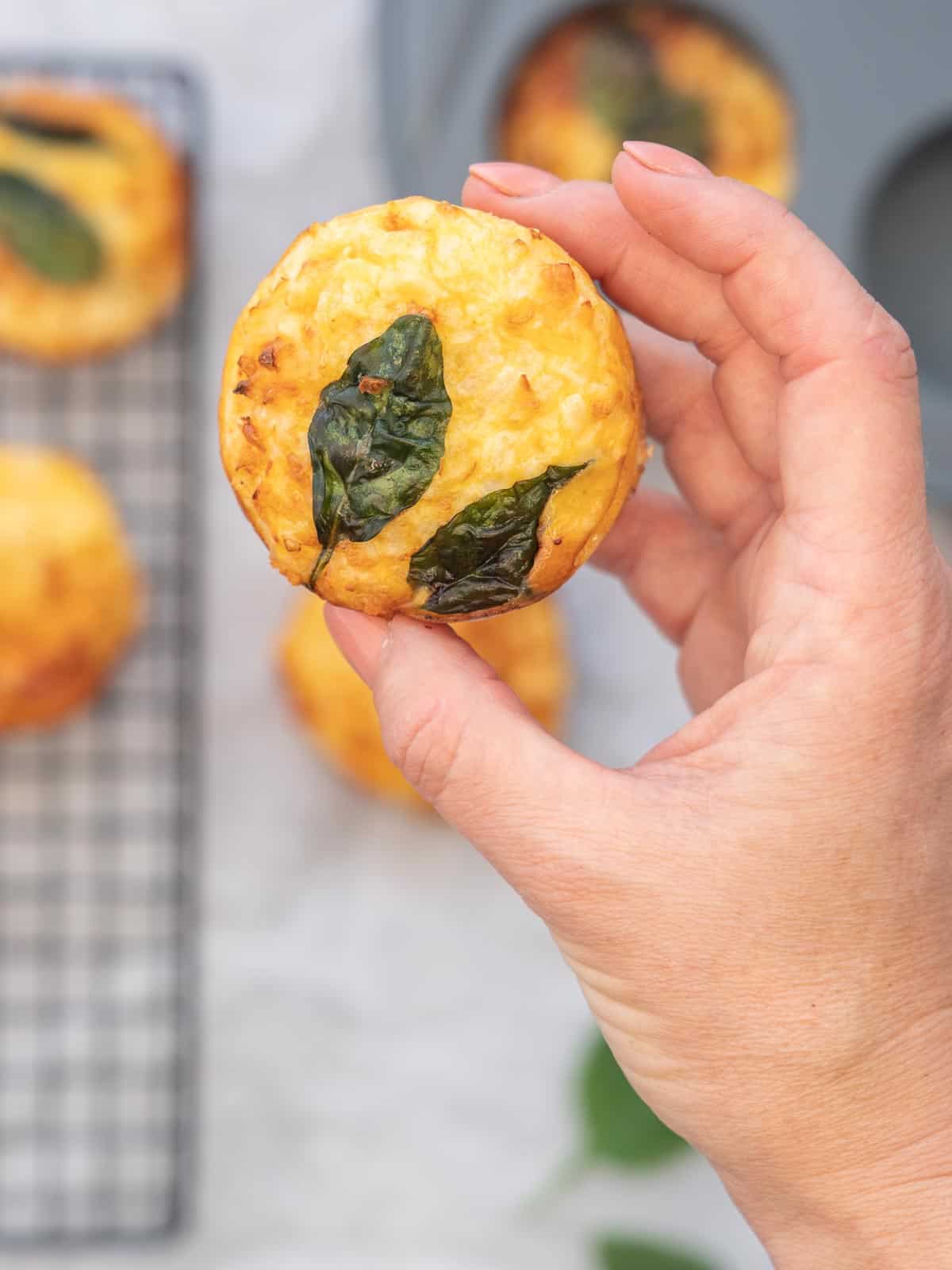 One breakfast egg muffin held above the bench by a hand, below is a tray full of egg muffins.