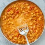 A frying pan filled with chicken paprikash