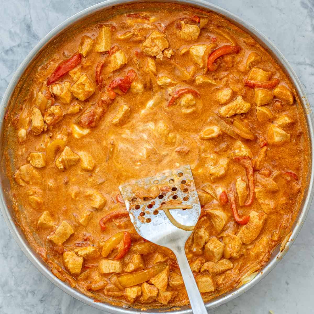 Chicken Paprikash in Pan with metal mixing spatula. 