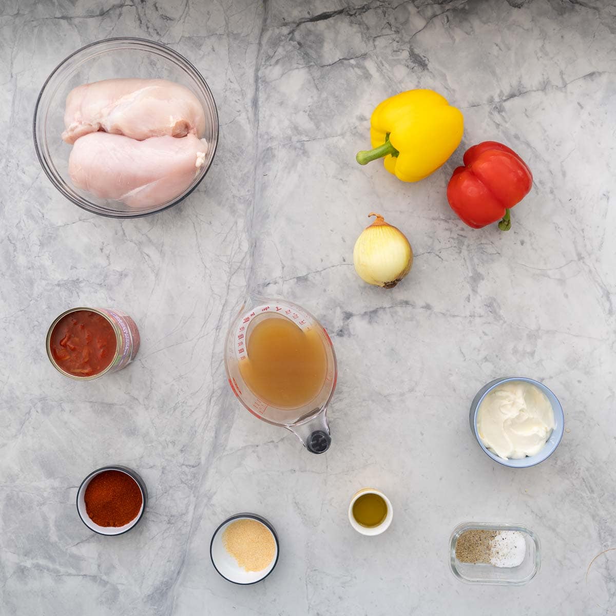 All the ingredients to make the Chicken Paprikash laid out on the bench top.