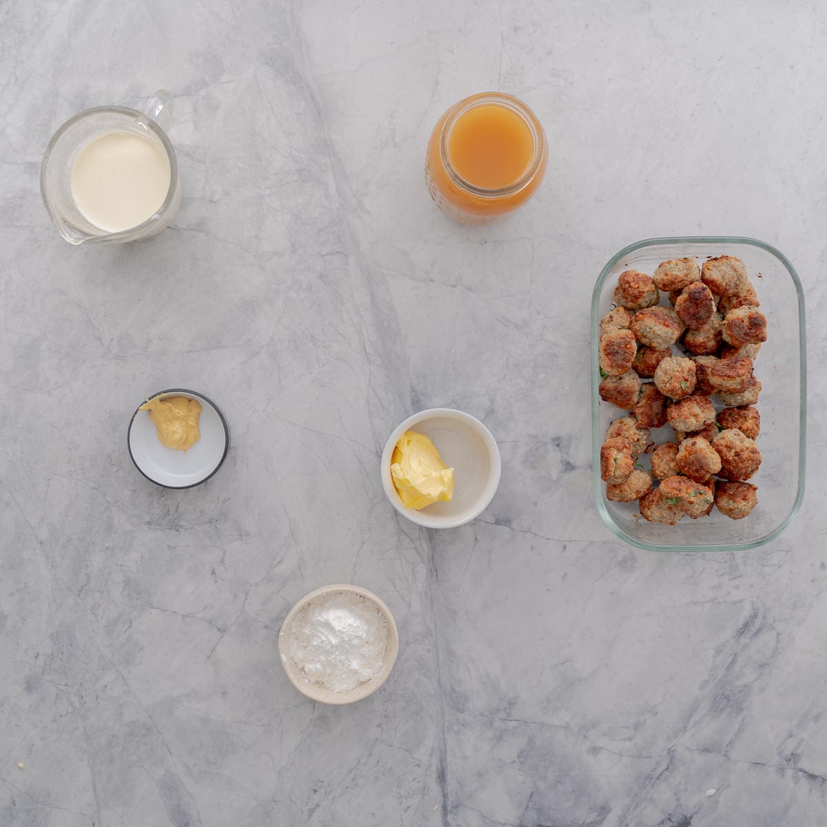 All the ingredients to make the Sweedish meatballs al laid out on the bench.