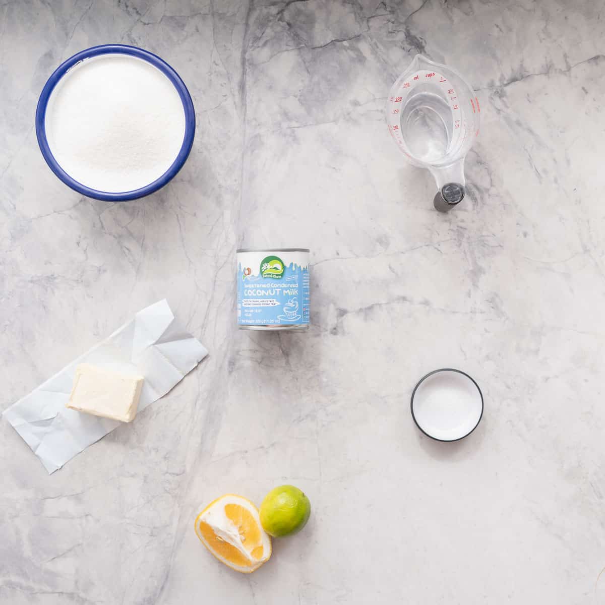 All the ingredients to make Vegan Fudge laid out n the bench