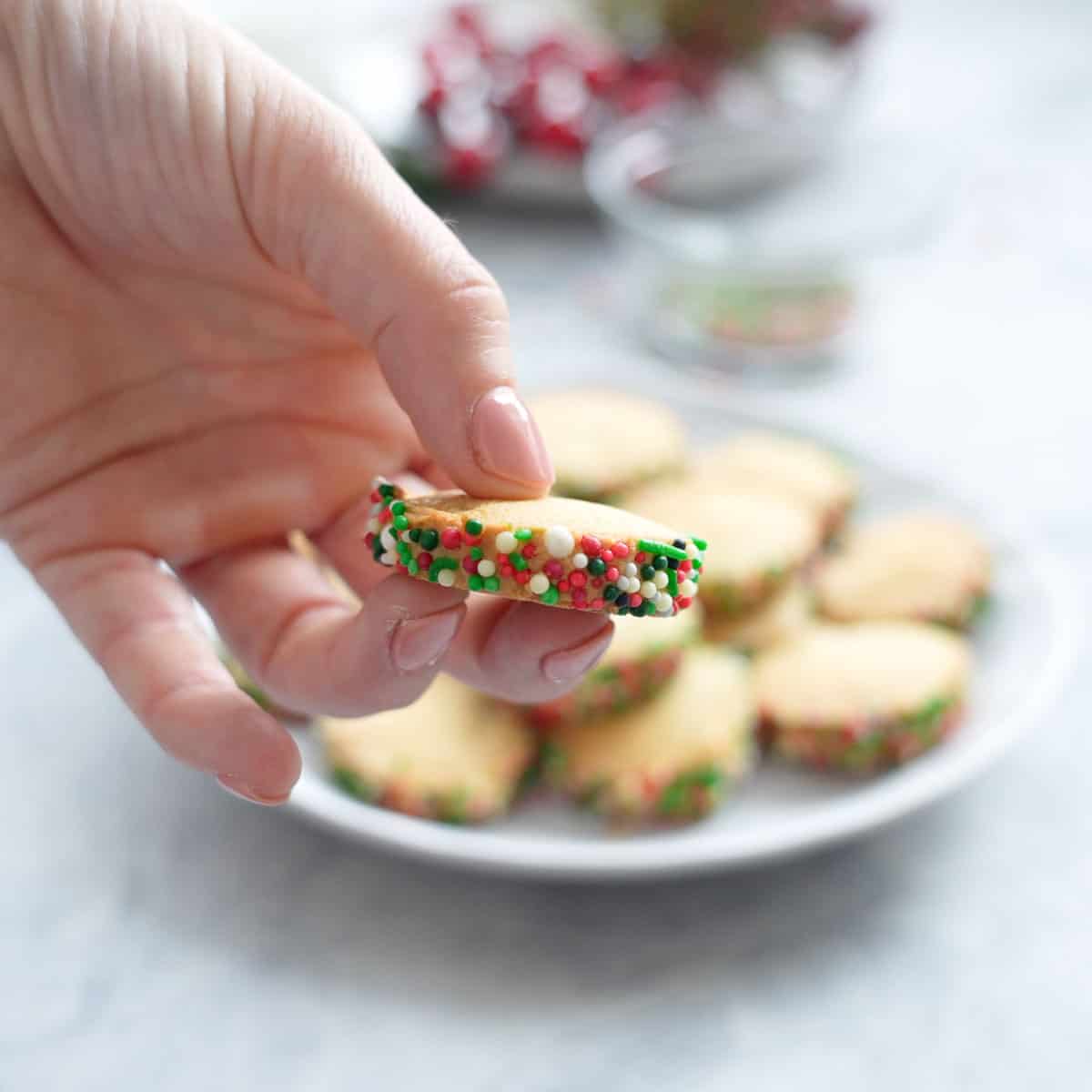 A hand holding up one Christmas Sprinkle cookie above a plateful below which is resting oil the bench,