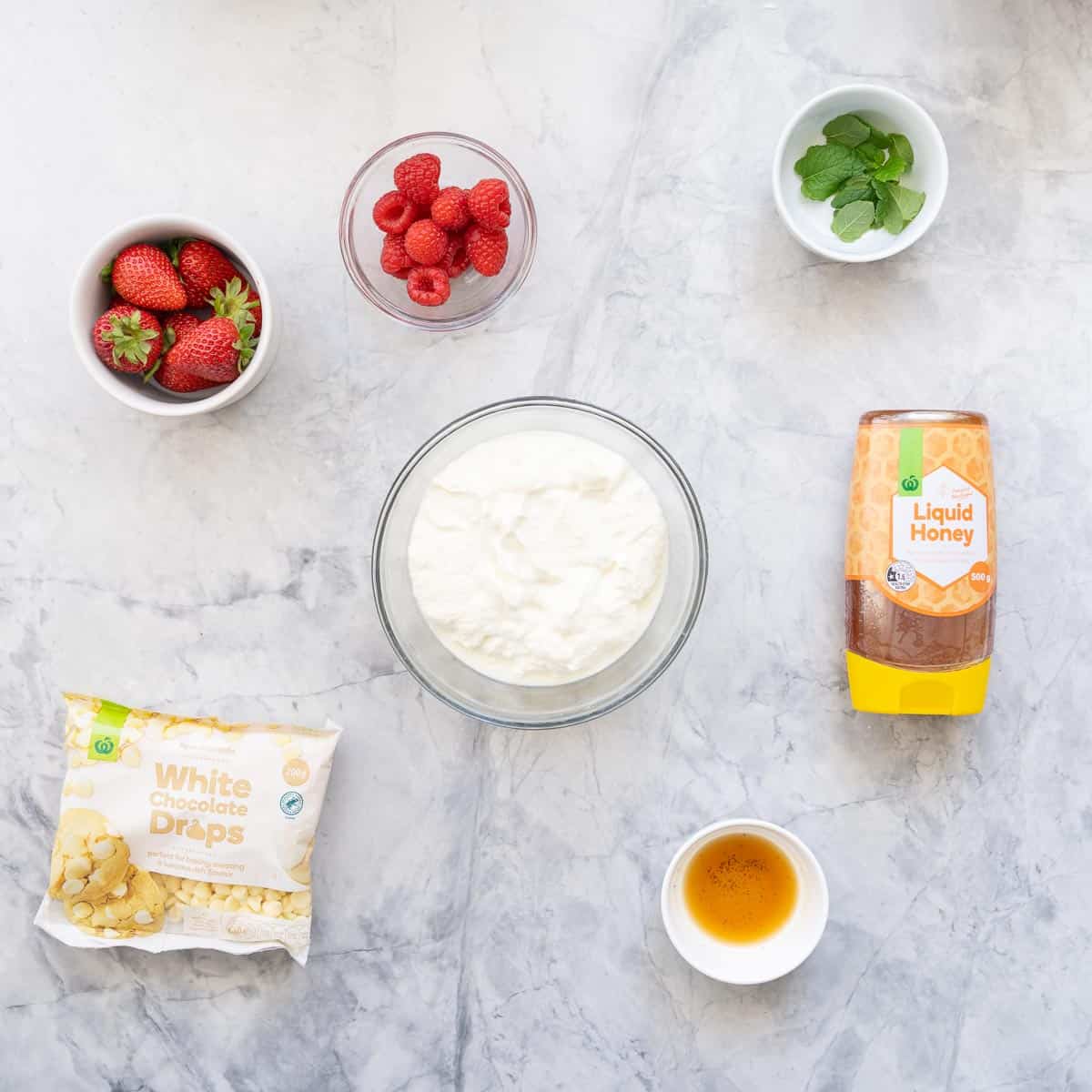 All the ingredients to make the Yoghurt Bark laid out on the bench