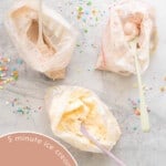 Three ziplock bags of ice cream with spoons on a marble bench scattered with sprinkles with text overlay for pinterest.