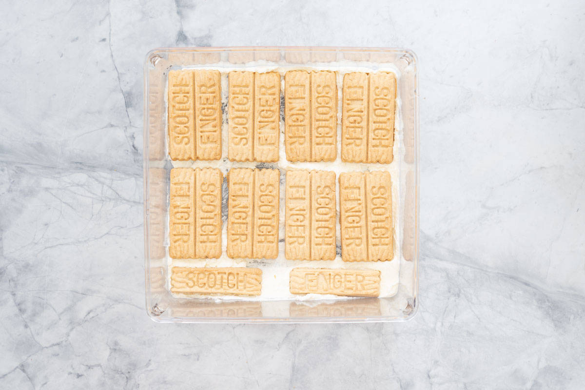 A square glass container with whipped cream and scotch finger biscuit arranged in a layer in the bottom of the container.