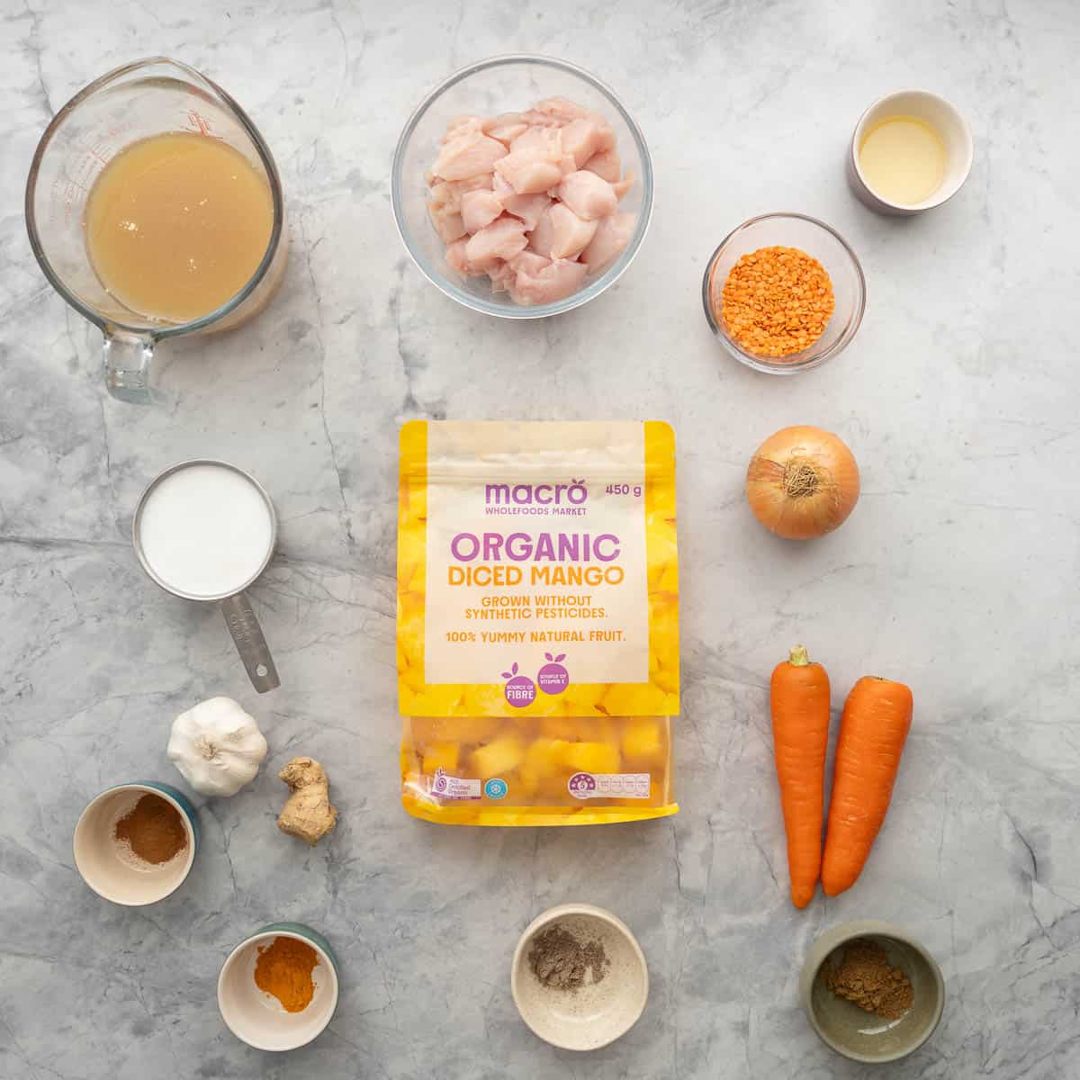 All the ingredients laid out on the bench to make the Mango Curry 