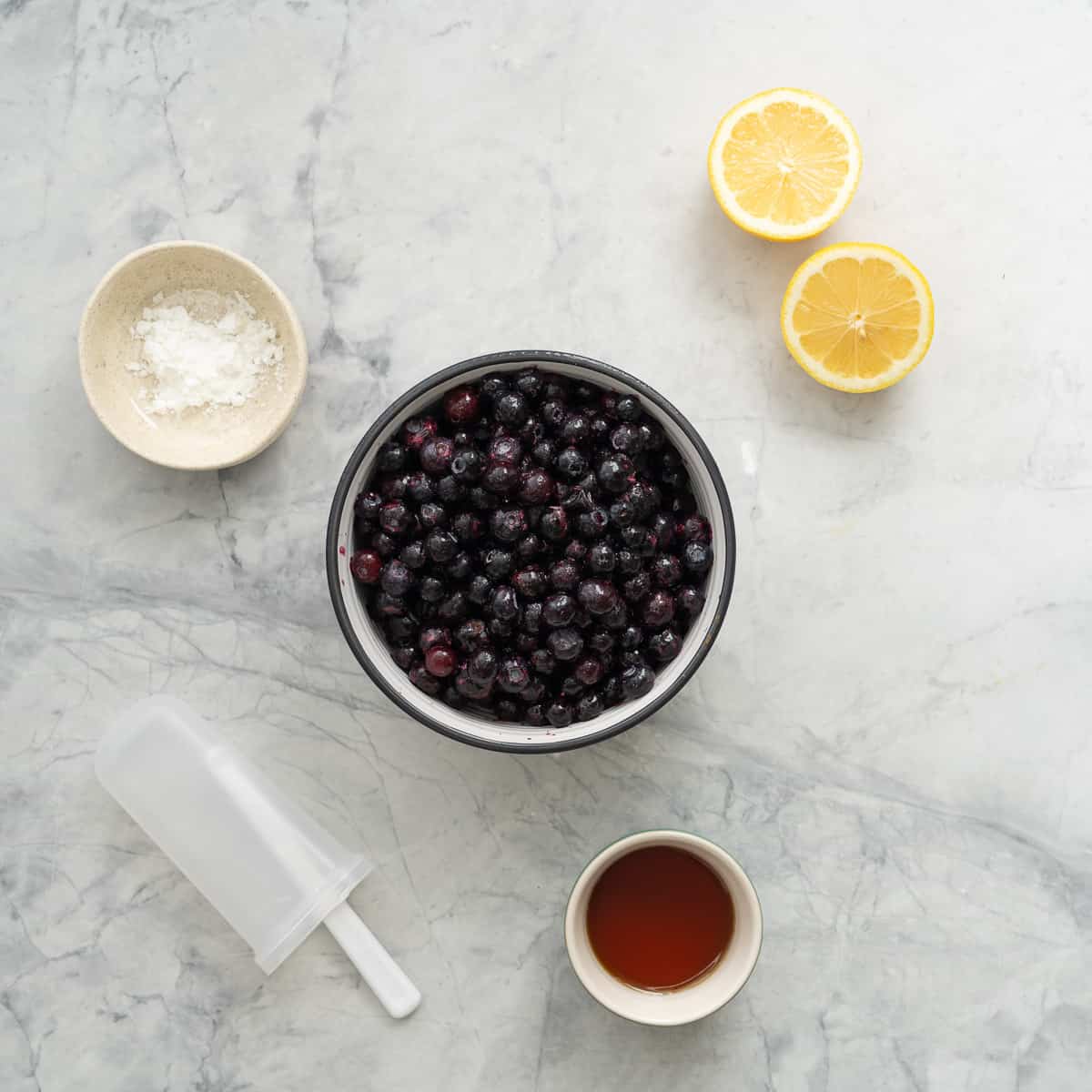 All the ingredients to make blueberry popsicles laid out on the bench