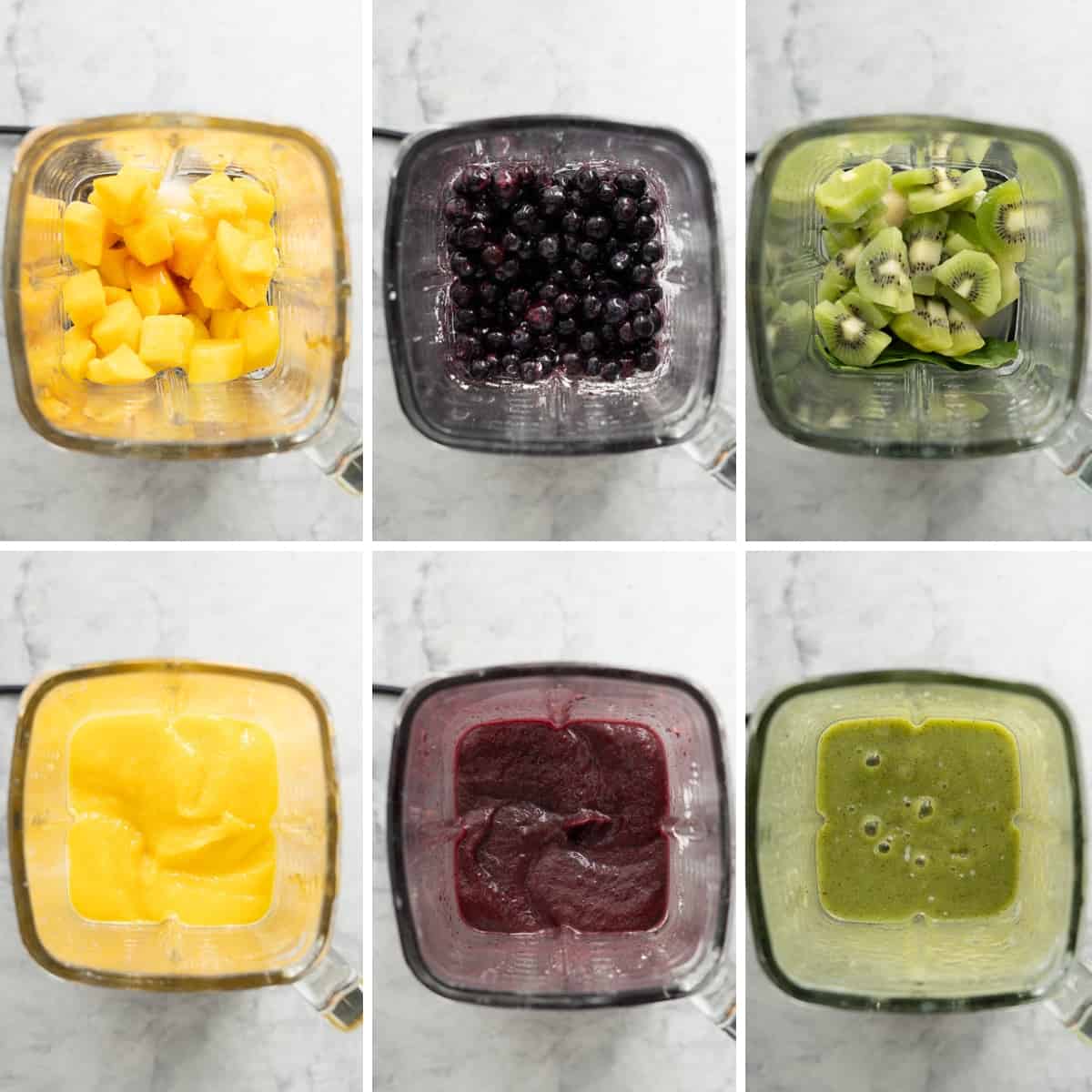 A collage of individual blenders filled with the ingredients to make the mango, blueberry and kiwifruit popsicles then whizzed to show them blended together
