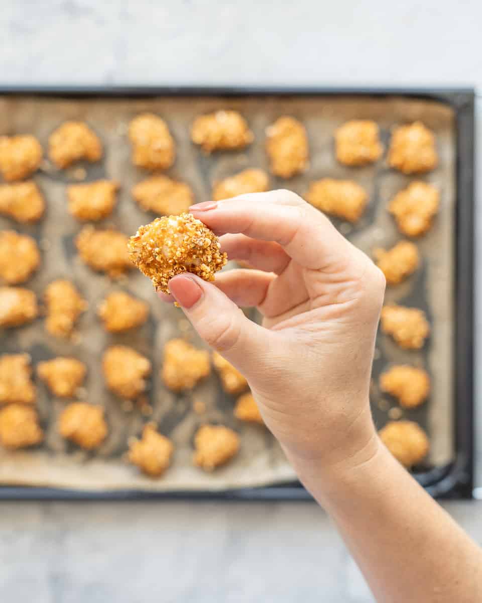 A hand holding a piece of popcorn crusted chicken up to the camera.