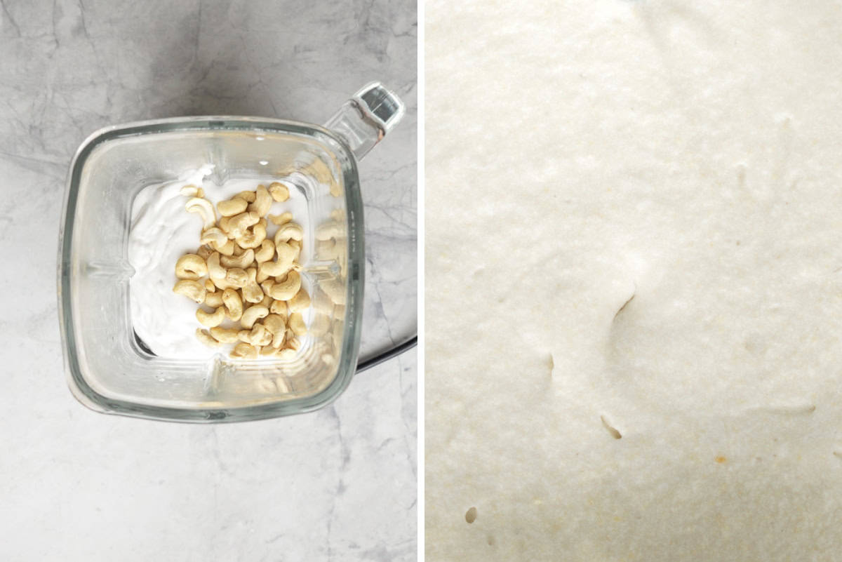 A two photo collage showing cashews being blended into coconut milk.