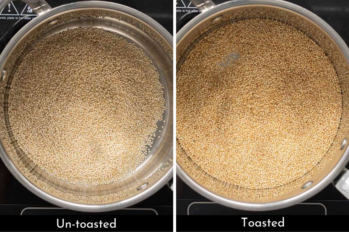 A two photo collage showing the colour difference between un-toasted and toasted quinoa, the toasted quinoa is more golden brown.