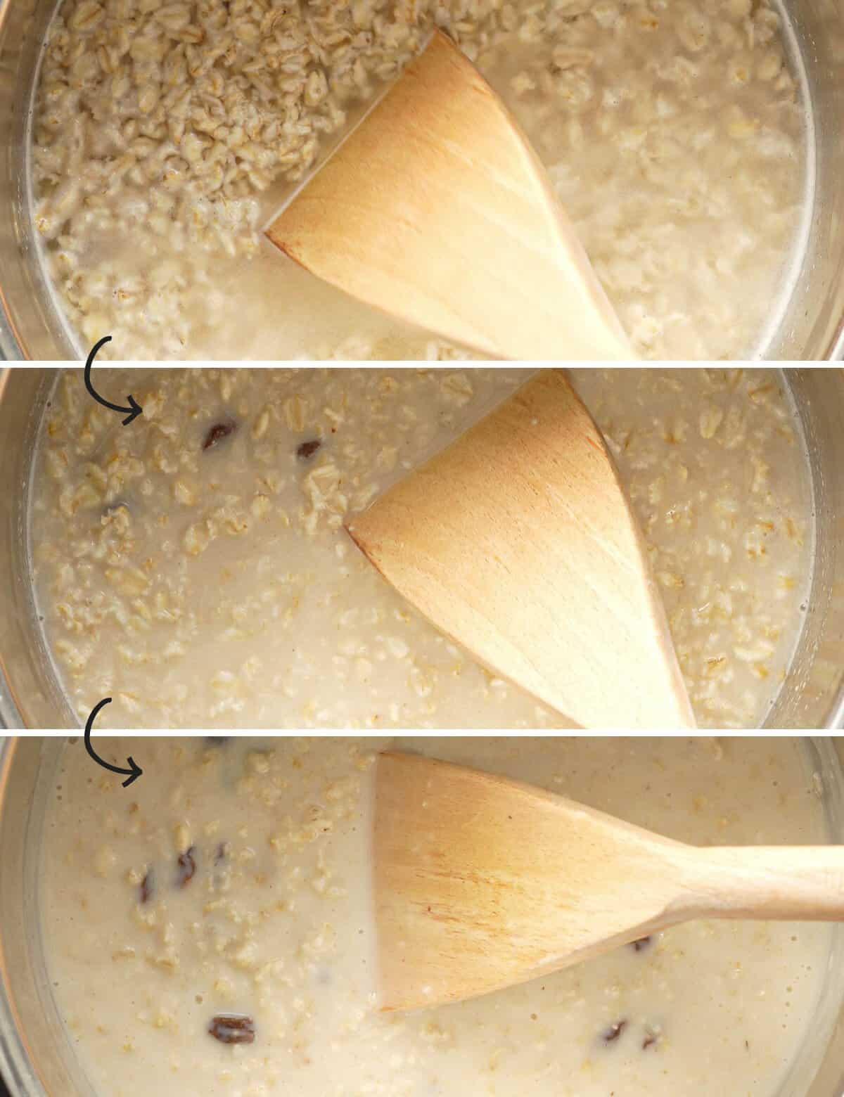 A three photo collage of oatmeal, showing the stages of starch release from the rolled oats.