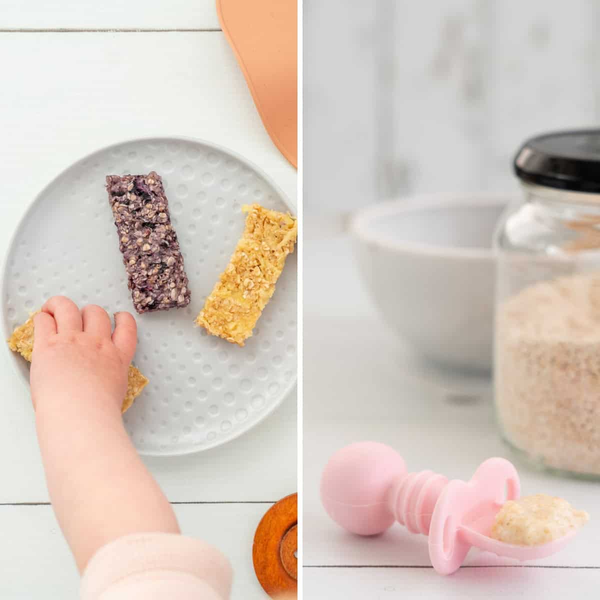 A two image collage showing a baby reaching out to grab a porridge finger and a pre-loaded spoon of baby oatmeal.