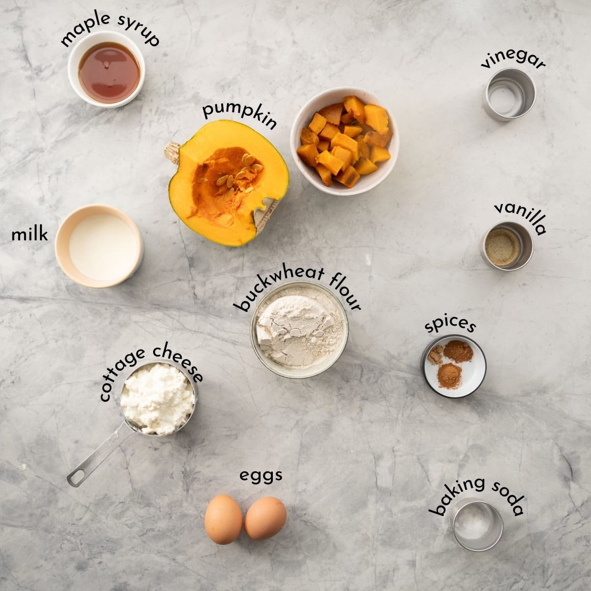 The ingredients to make pumpkin pancakes laid out on a bench top with text overlay labels.