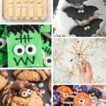 Six photos of halloween cookie designs; bats, eyeballs, spiders, mummies, Frankenstein.