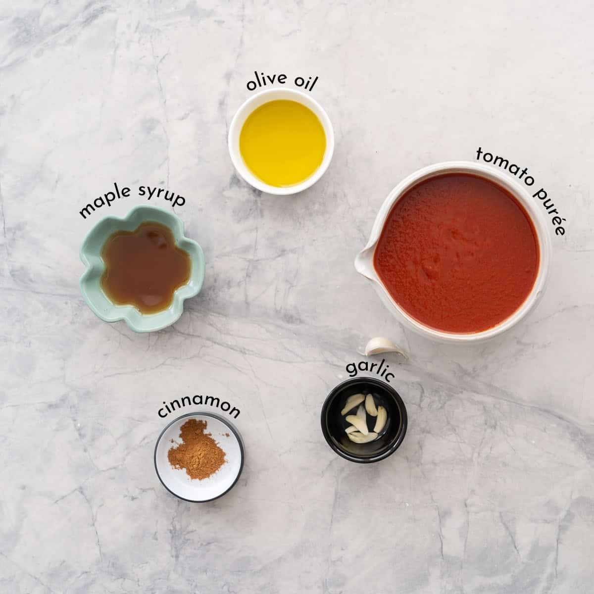 Ingredients for Tomato Ketchup on benchtop with text overlay.